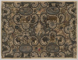 Orpheus, uduyla hayvanları büyüledi, kabartmalı ipek işlemeli, c.1630 (ipek işlemeli) by English School